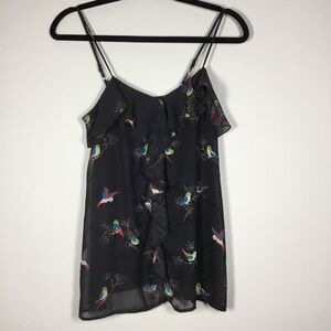 Birds print spaghetti strap lined black sheer top floaty spring summer size XS